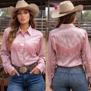 Vintage Stage West by Prior Pink Fringe Western Rodeo Queen Satin Shirt Medium